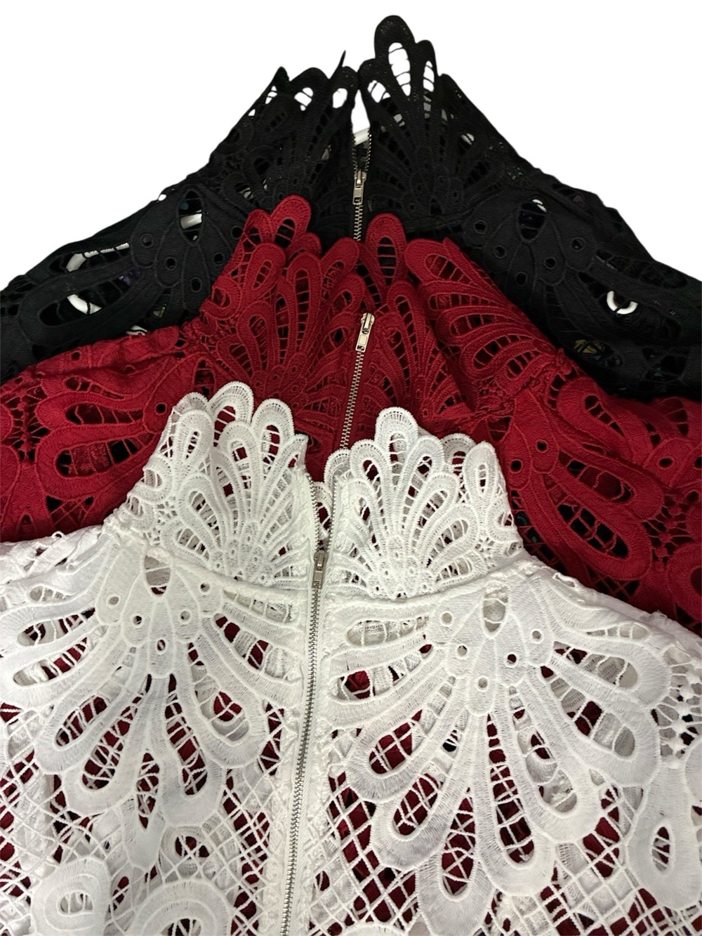 NWOT Lot of 3 Lace Zip-Front Varsity Jacket. In white, red, and black color.